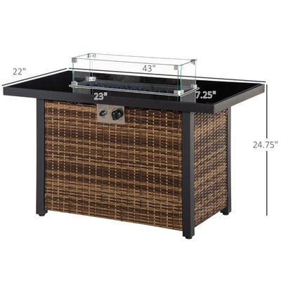 Εξωτερική θέρμανση Ρατάνιο Wicker Firepit Προπάνιο αέριο Fire Pit Table με γυάλινη προστασία αέρα