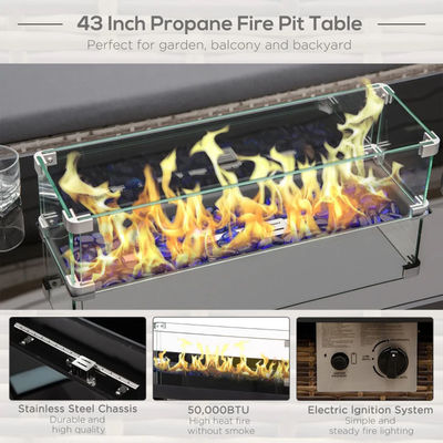 Εξωτερική θέρμανση Ρατάνιο Wicker Firepit Προπάνιο αέριο Fire Pit Table με γυάλινη προστασία αέρα
