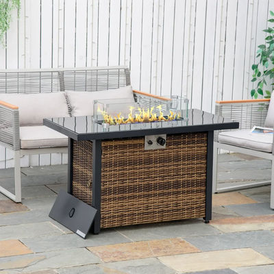 Εξωτερική θέρμανση Ρατάνιο Wicker Firepit Προπάνιο αέριο Fire Pit Table με γυάλινη προστασία αέρα