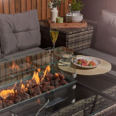 Εστιατόριο Rattan Garden Set με Fire Pit Table AJUNION 8 θέσεις Τομεακό Καναπέ