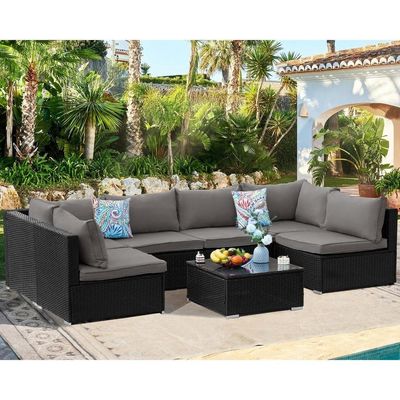 AJUNION Wicker Rattan PE Τομεακό Καναπέ Κήπος Επικαιροποιημένο Έπιπλο Πάρτιο Συνομιλία Επικαιροποιημένο Έπιπλο Εξωτερικού
