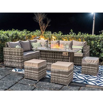 Μοντωπικά έπιπλα Wicker Rattan Εξωτερικό Σετ με Τραπέζι Φωτιάς AJUNION Garden Design